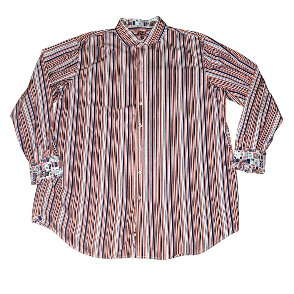 Robert Graham Button Down Shirt Mens 1XLT Orange Blue‎ Striped Door Print Cuffs